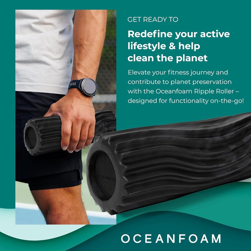 Oceanfoam Ripple Travel Foam Roller (11" x 3.35") Firm Mini Foam Roller for Physical Therapy, Deep Tissue Massage, Back Pain - High Density, Wave Textured - Yoga, Exercise (Black & Charcoal Marbled) - Image 2